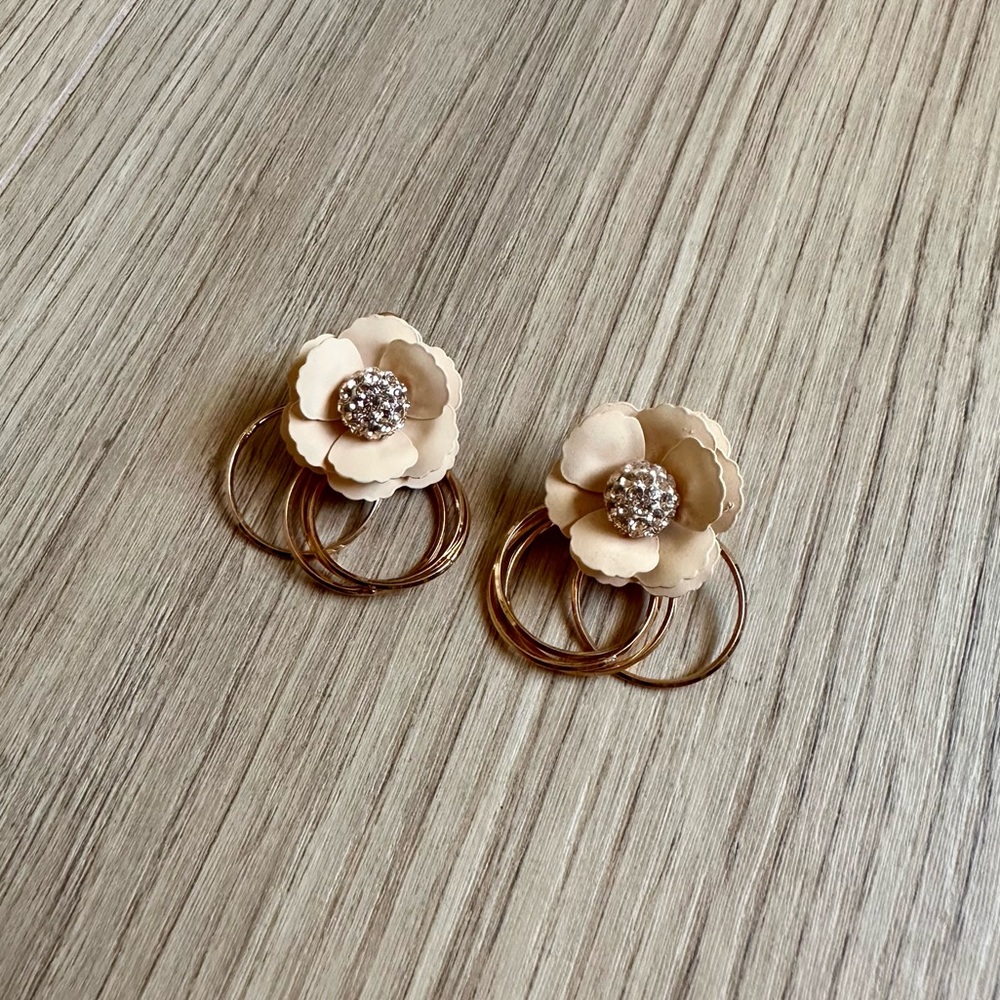 Beige Crystal Camellia Gold Tone Earrings